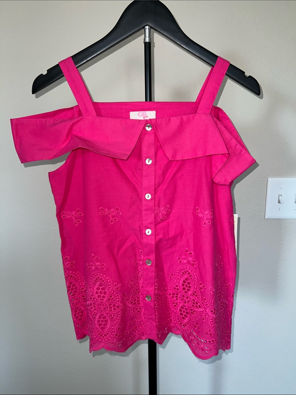 GB girls Hot Pink Off-Shoulder Eyelet Button-Front Top